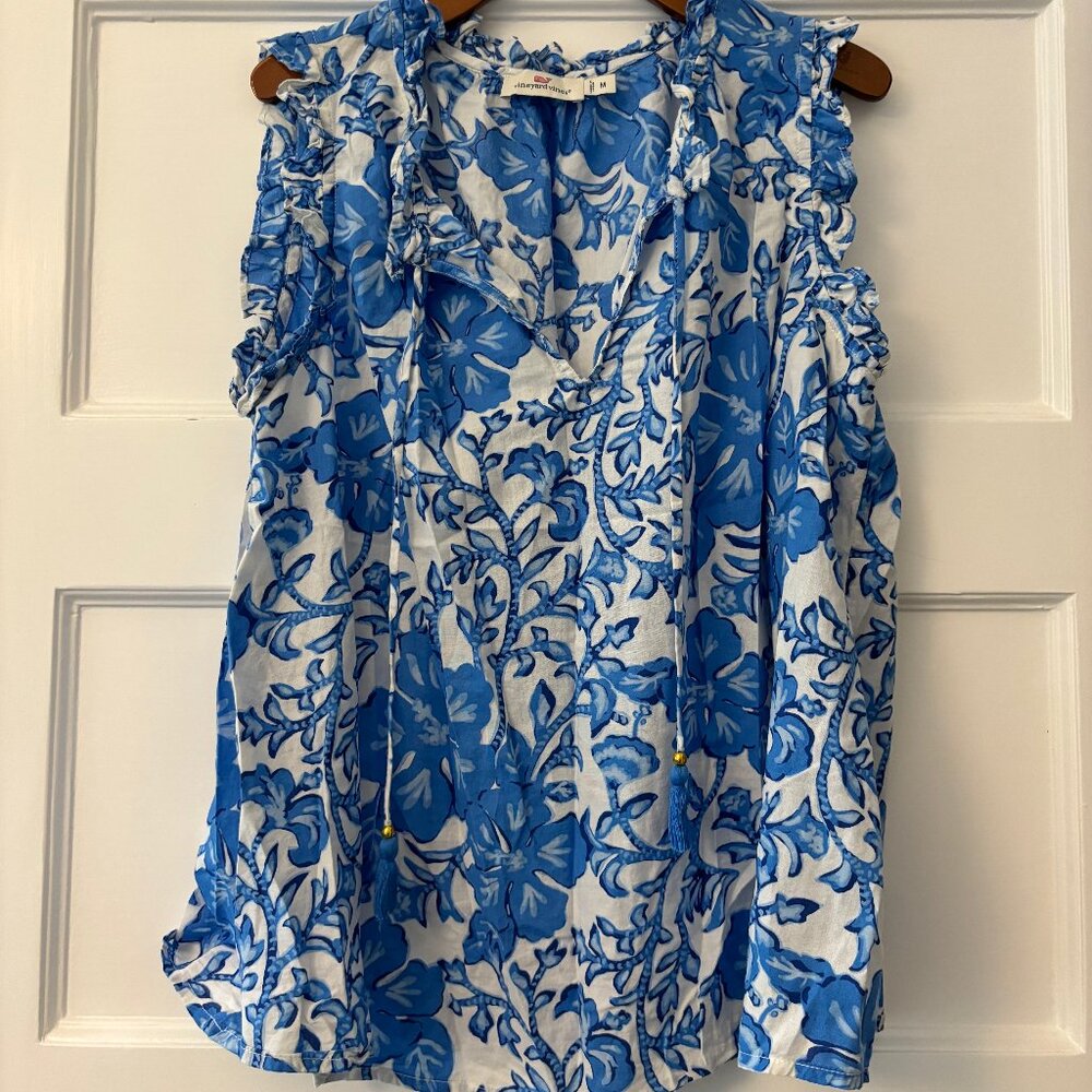 Vineyard Vines Blue Floral Sleeveless Ruffle Sleeve Top, Size M
